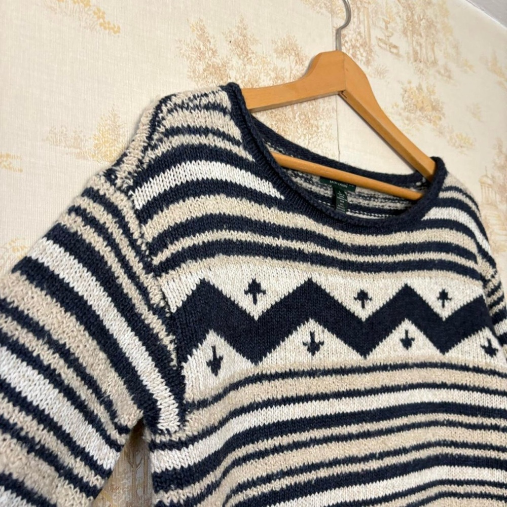 Vintage LRL Lauren Jeans Co. Ralph Lauren wool blue cream stripe sweater L - Picture 2 of 7
